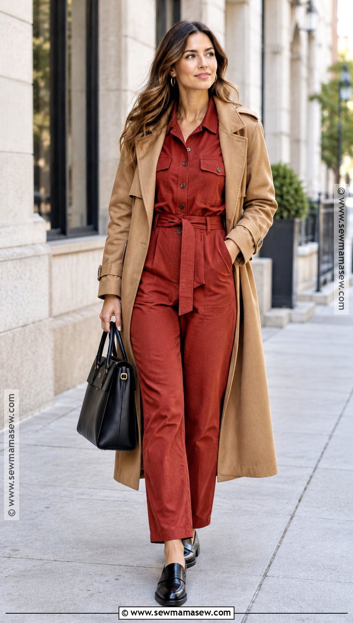 Red Jumpsuit and Loafers Fall Outfit - 25 red fall outfits