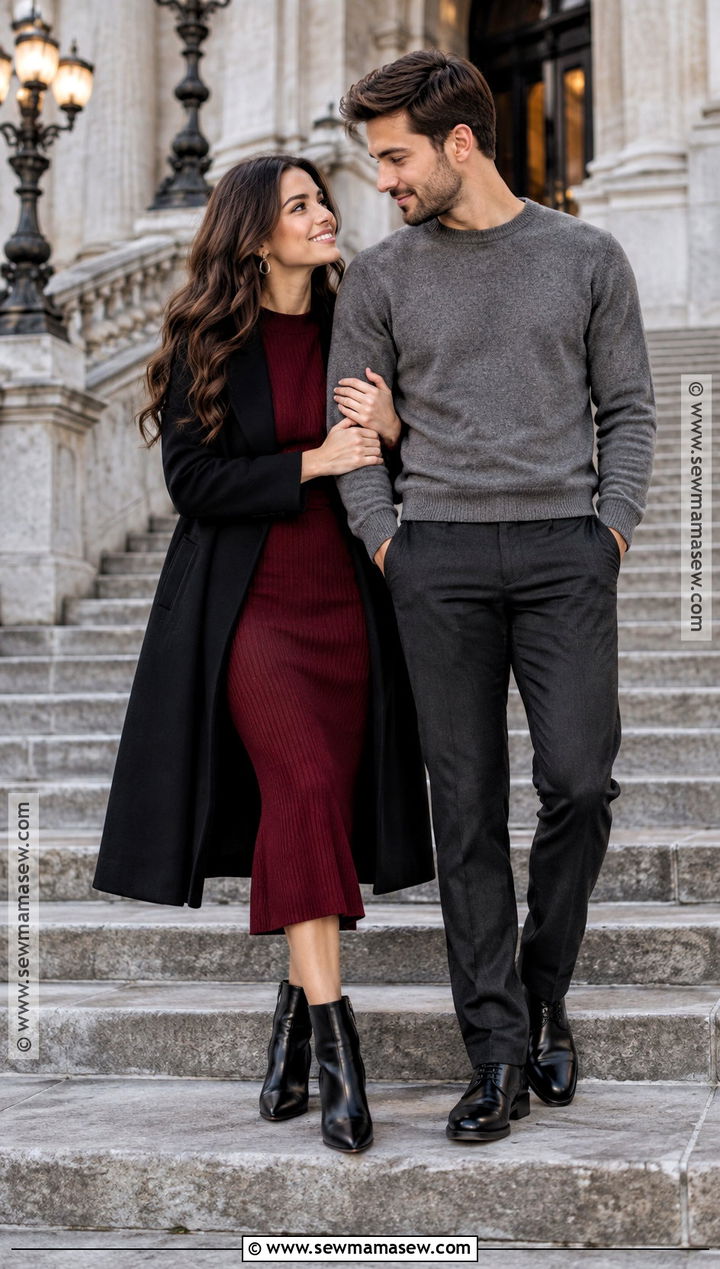 Red Knit Dress And Classic Black Coat - 20 november engagement pictures outfit ideas