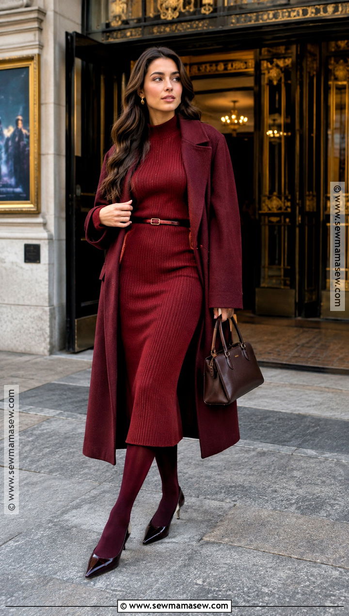 Red Knit Dress And Wool Coat Fall Outfit - 15 fall fashion 2026 aesthetic ideas