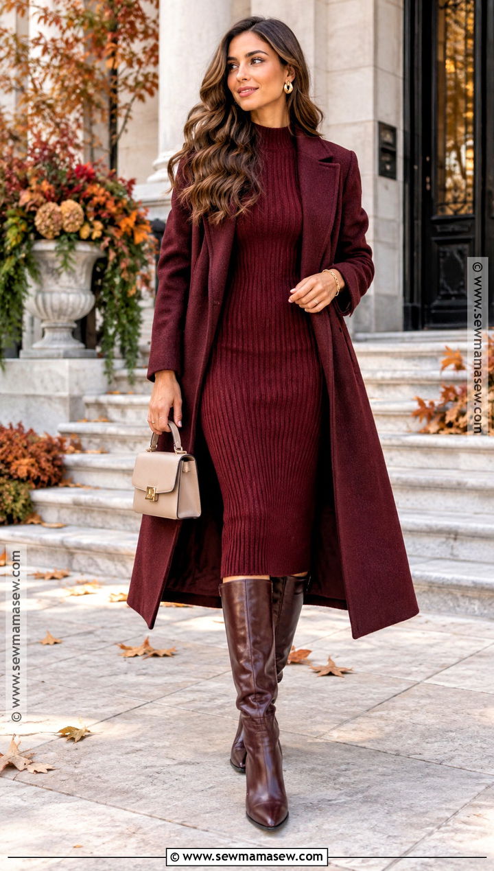 Red Knit Dress With Long Coat - 15 Fall Outfit Inspo 2026 Going Out Ideas