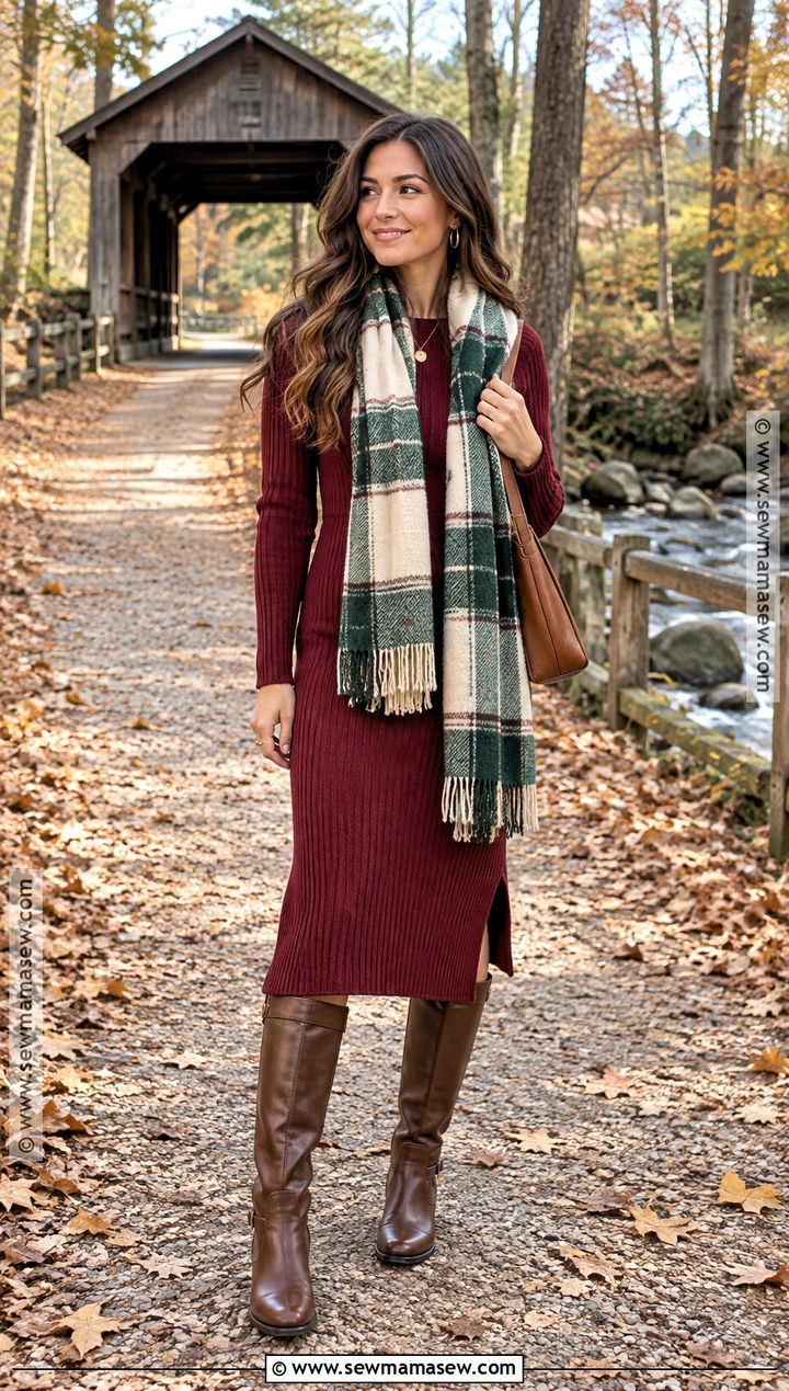 Red Knit Midi Dress With Plaid Scarf - 15 red dress fall photoshoot ideas