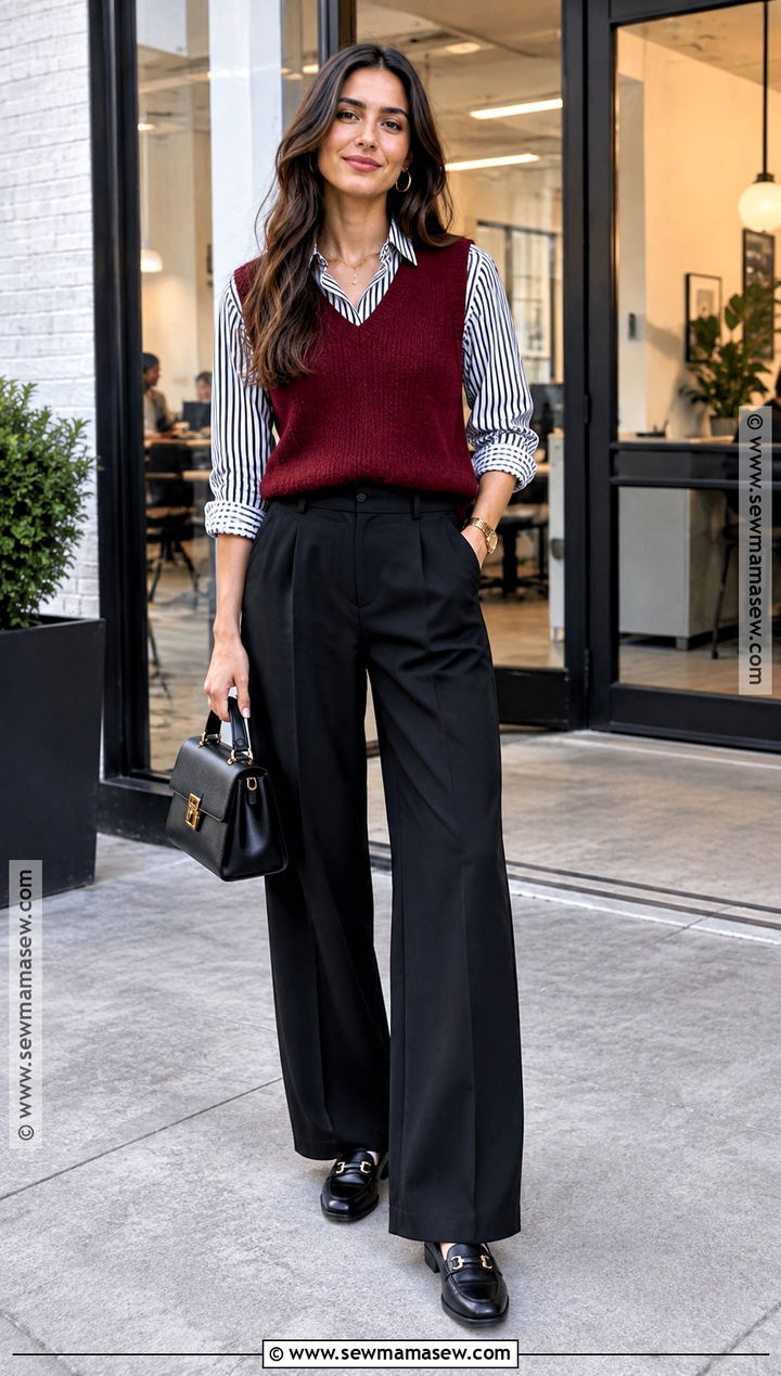 Red Knit Vest With Striped Shirt And Black Trousers - 20 fall outfits with vest
