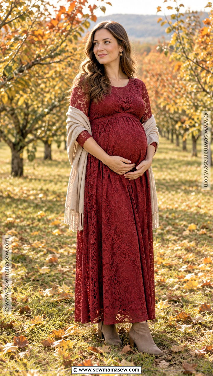 Red Lace Maternity Maxi Dress With A Neutral Shawl - 15 fall maternity photos red dress ideas