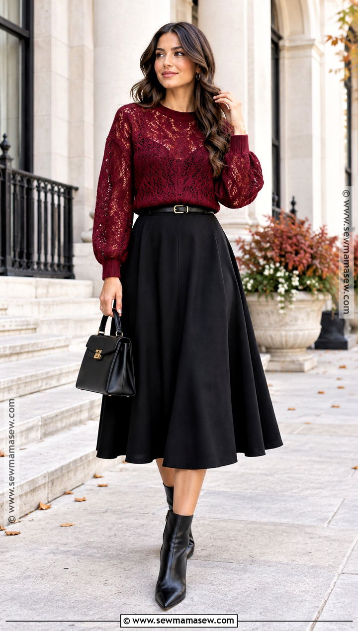Red Lace Sweater With Black Midi Skirt - 15 autumn lace sweater ideas