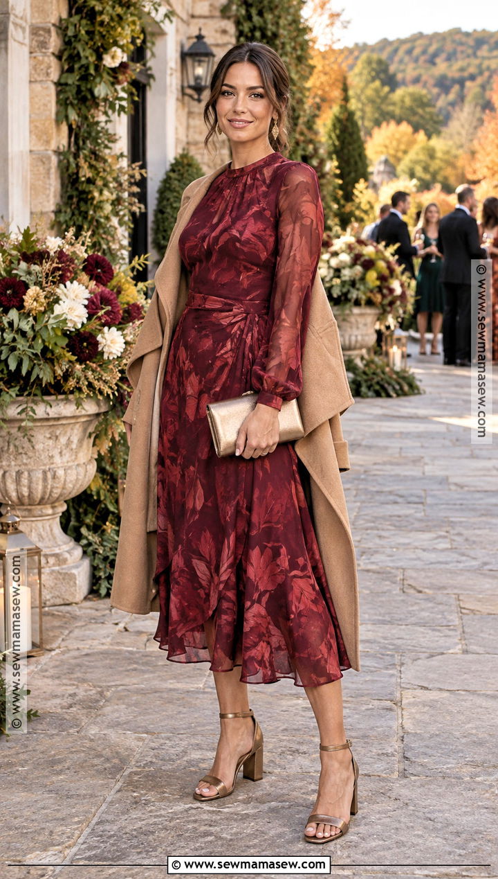 Red Leaf Print Wedding Guest Dress Outfit - 15 Fall Leaf Dress Ideas