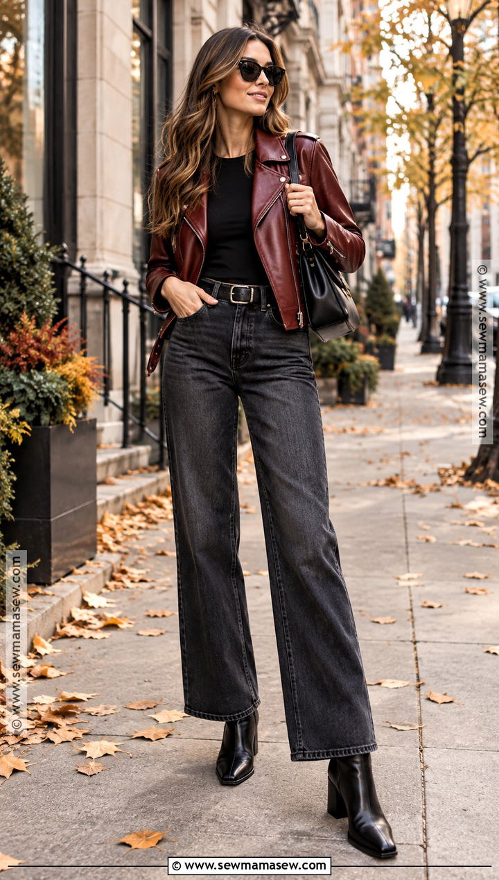 Red Leather Jacket And Wide Leg Jeans Autumn Rock Outfit - 20 autumn rock outfit ideas