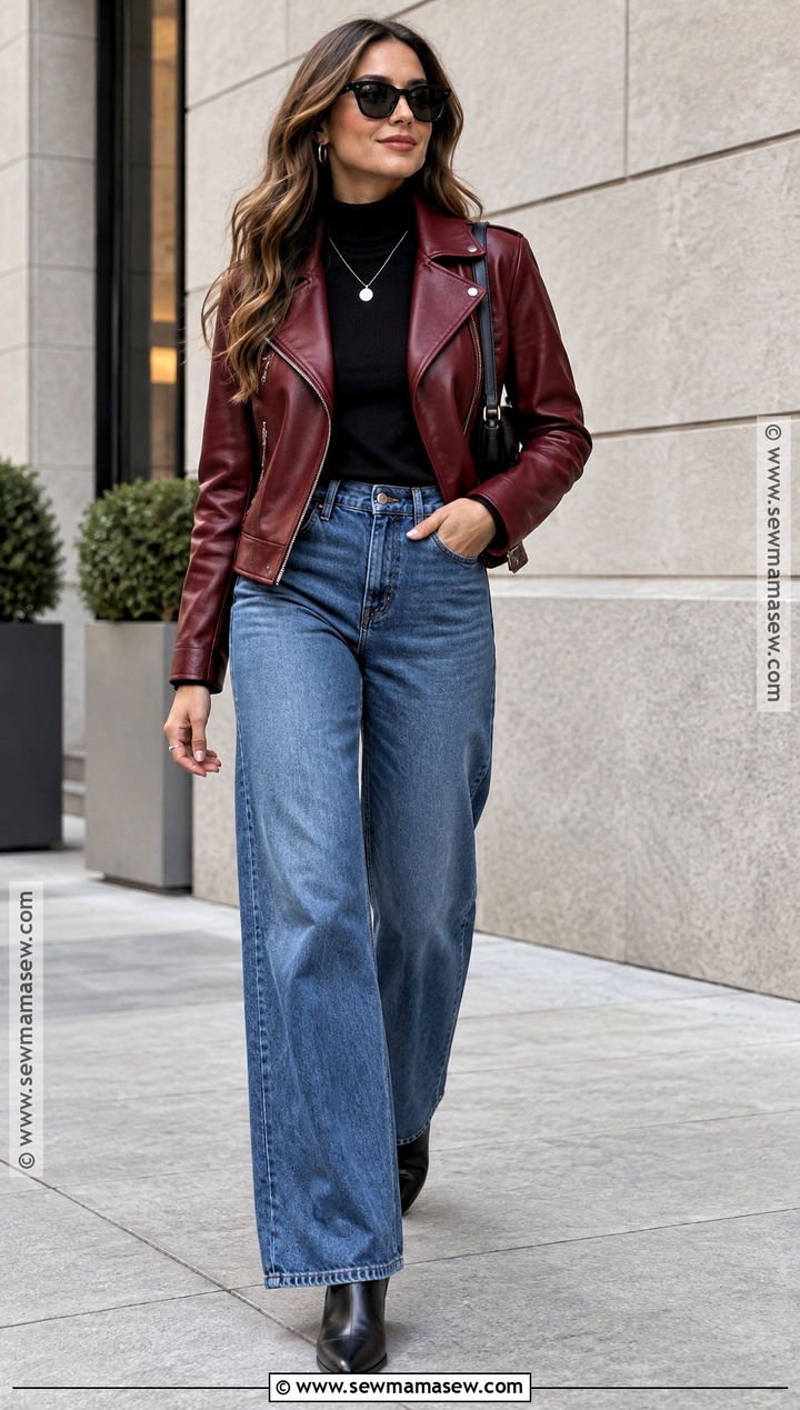 Red Leather Jacket And Wide Leg Jeans Outfit - 15 autumn red outfit ideas