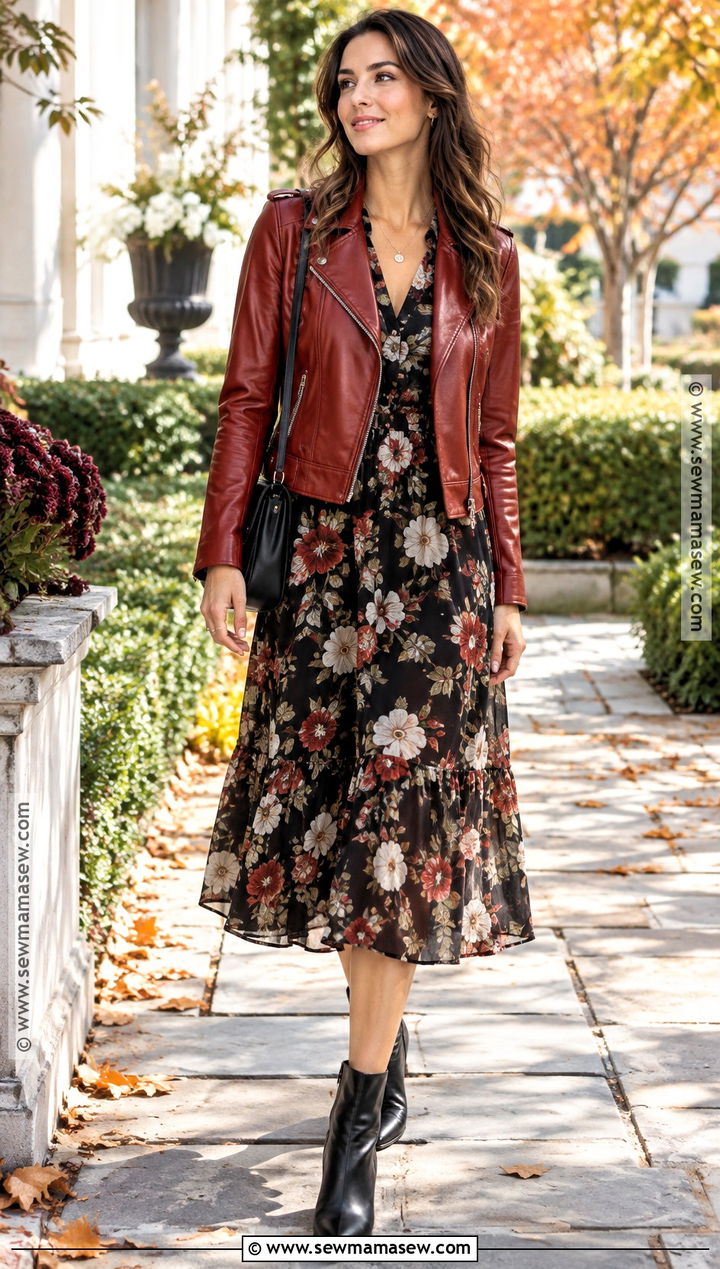 Red Leather Jacket With Floral Midi Dress And Boots - 15 autumn outfits red leather jacket