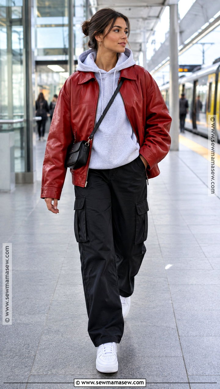 Red Leather Jacket With Hoodie And Cargo Pants - 15 autumn outfits red leather jacket