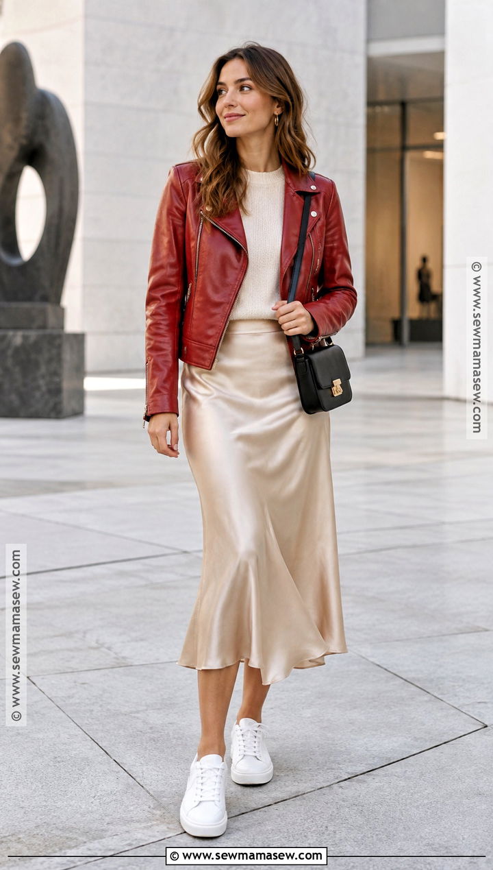 Red Leather Jacket With Satin Midi Skirt And Sneakers - 15 autumn outfits red leather jacket