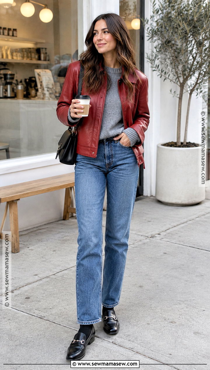 Red Leather Jacket With Straight Leg Jeans And Loafers - 15 autumn outfits red leather jacket