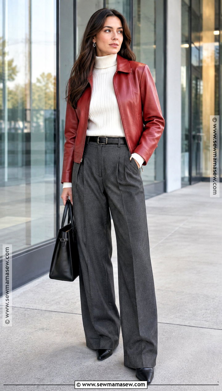 Red Leather Jacket With Turtleneck And Wide Leg Trousers - 15 autumn outfits red leather jacket