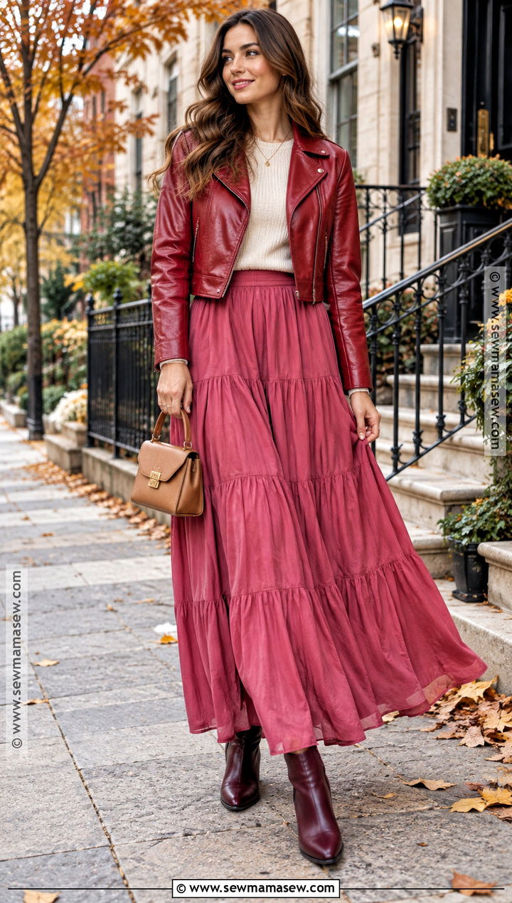 Red Leather Jacket and Pink Maxi Skirt Autumn Outfit - 25 colourful autumn outfits