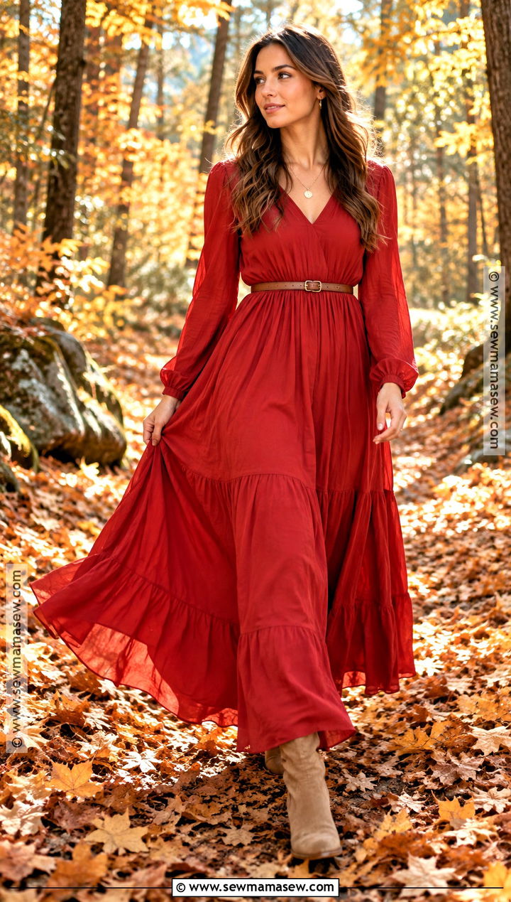 Red Long Sleeve Maxi Dress In Fall Leaves - 15 red dress fall photoshoot ideas