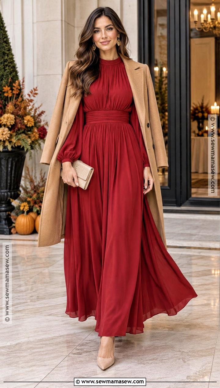 Red Long Sleeve Maxi Dress With Nude Heels - 15 Fancy Fall Dresses