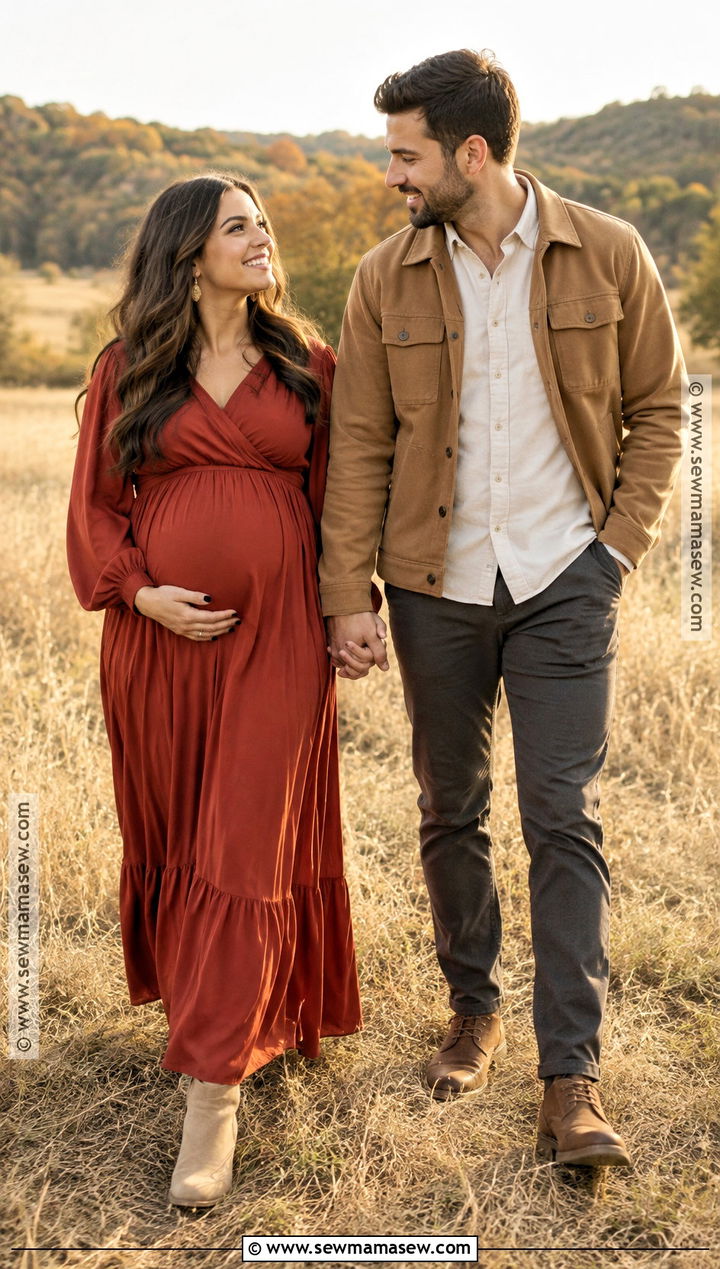 Red Maternity Dress With A Coordinated Partner Outfit - 15 fall maternity photos red dress ideas