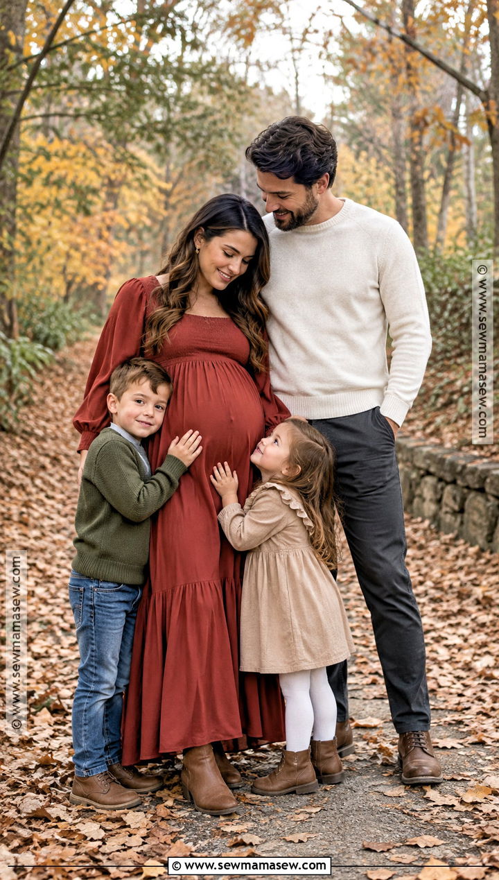 Red Maternity Maxi Dress With Coordinated Family Outfits - 15 fall maternity photos red dress ideas