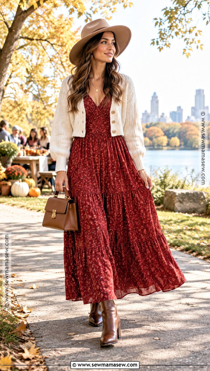 Red Maxi Dress With Cropped Cardigan - 20 Red Dress Fall Outfit Ideas