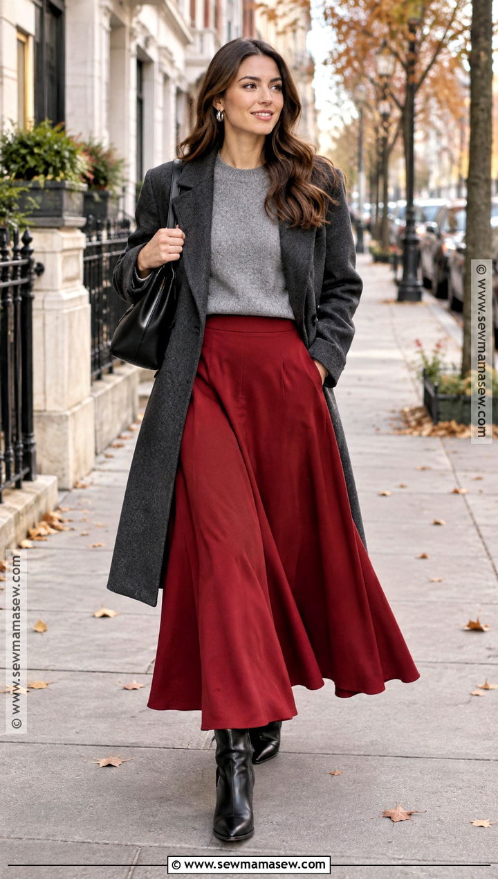 Red Maxi Skirt With Gray Sweater And Black Boots - 20 fall outfit long skirt ideas