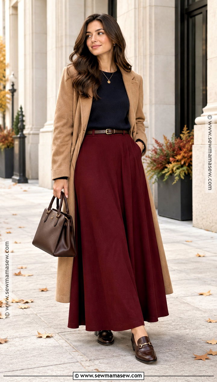 Red Maxi Skirt With Navy Sweater And Loafers - 25 fall maxi skirt outfits
