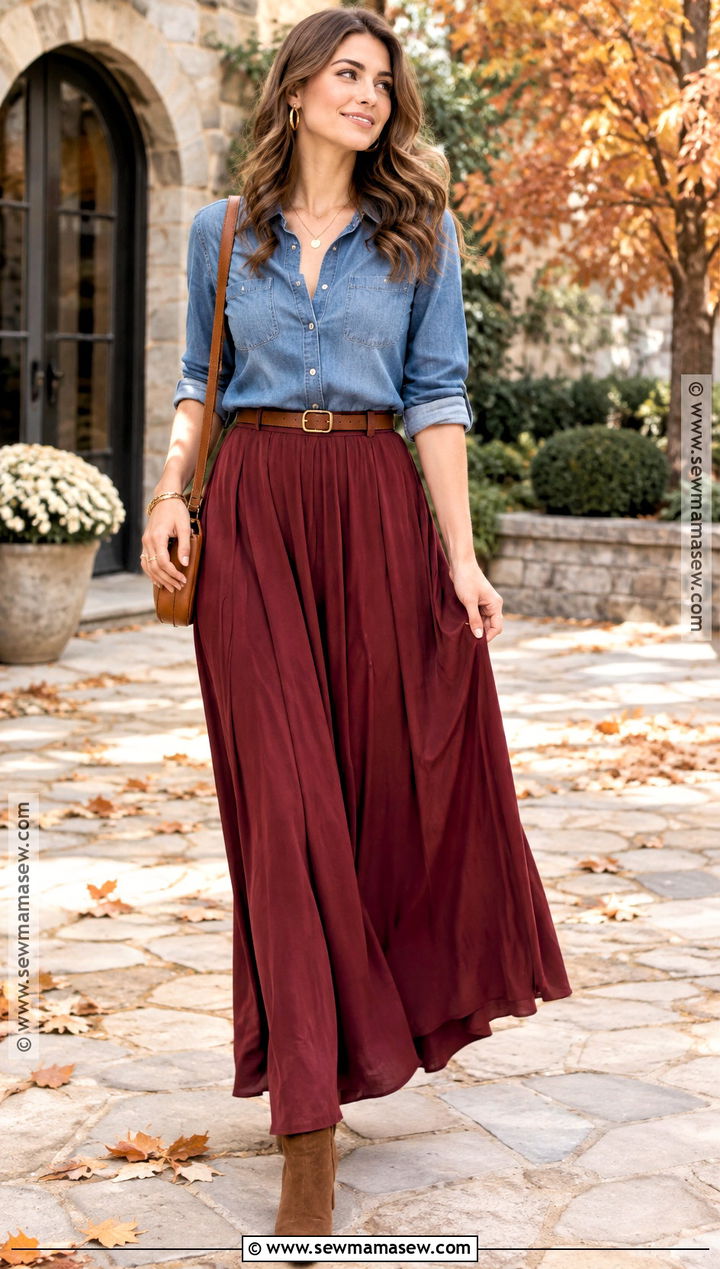 Red Maxi Skirt and Denim Shirt Fall Outfit - 25 red fall outfits