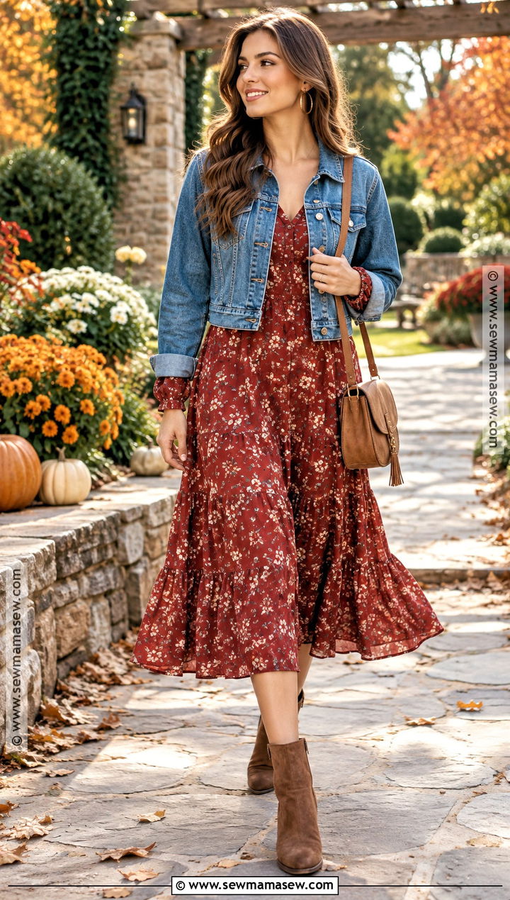 Red Midi Dress and Denim Jacket Fall Outfit - 15 red fall outfits aesthetic