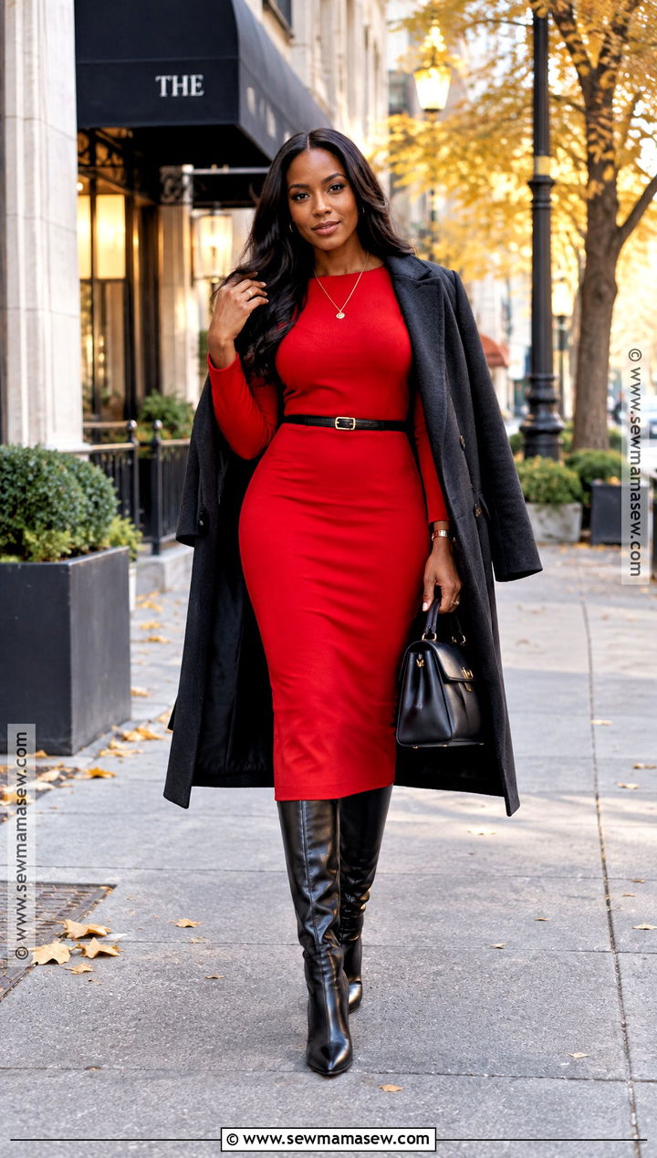 Red Midi Fall Dress With Black Accessories - 15 fall outfits 2026 dress