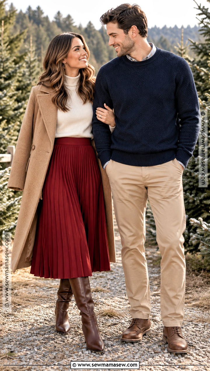 Red Midi Skirt And Cream Sweater Engagement Outfit - 25 fall engagement pictures outfit ideas