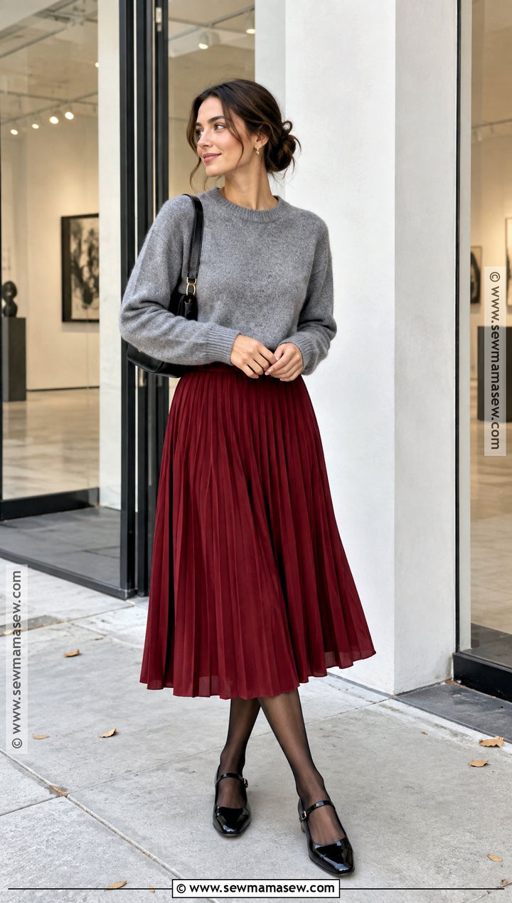 Red Midi Skirt With Gray Sweater And Mary Jane Flats - 20 cute fall skirt outfits