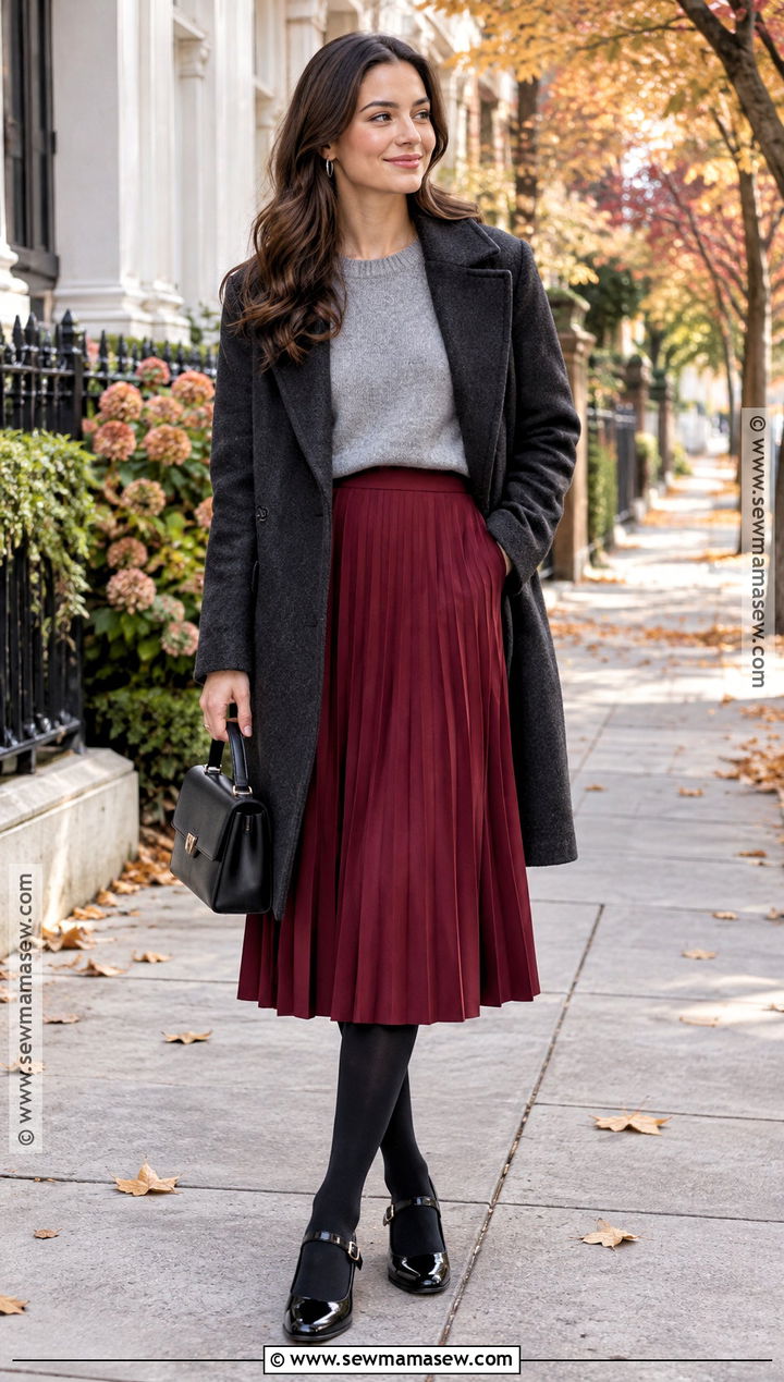 Red Midi Skirt With Gray Sweater And Mary Jane Shoes - 20 skirt for fall ideas