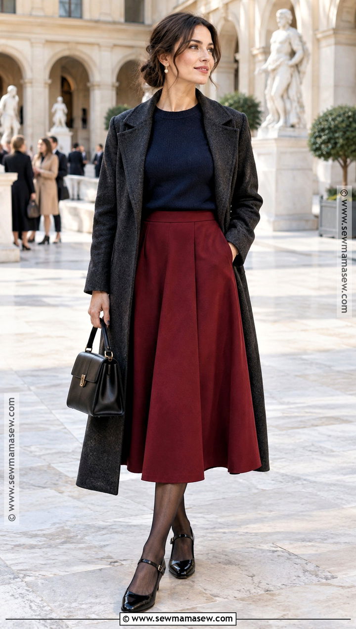 Red Midi Skirt With Navy Sweater And Mary Janes - 25 fall midi skirt outfit ideas