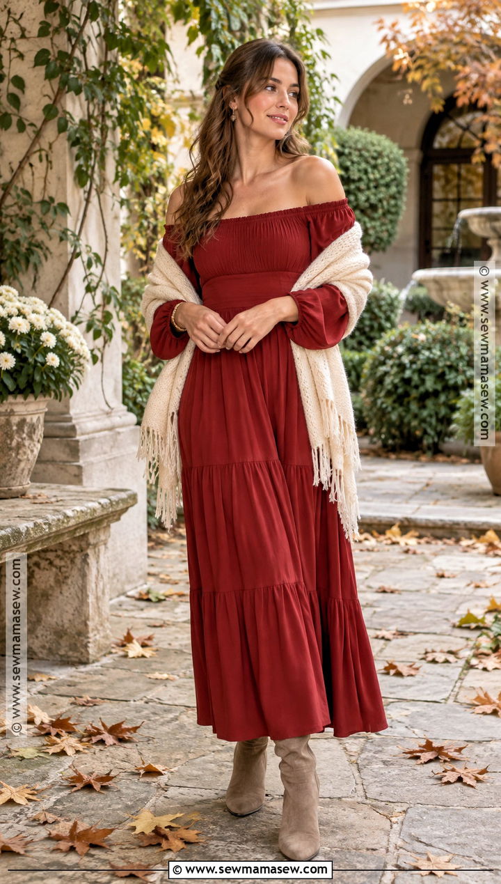 Red Off Shoulder Dress With Suede Boots - 15 red dress fall photoshoot ideas