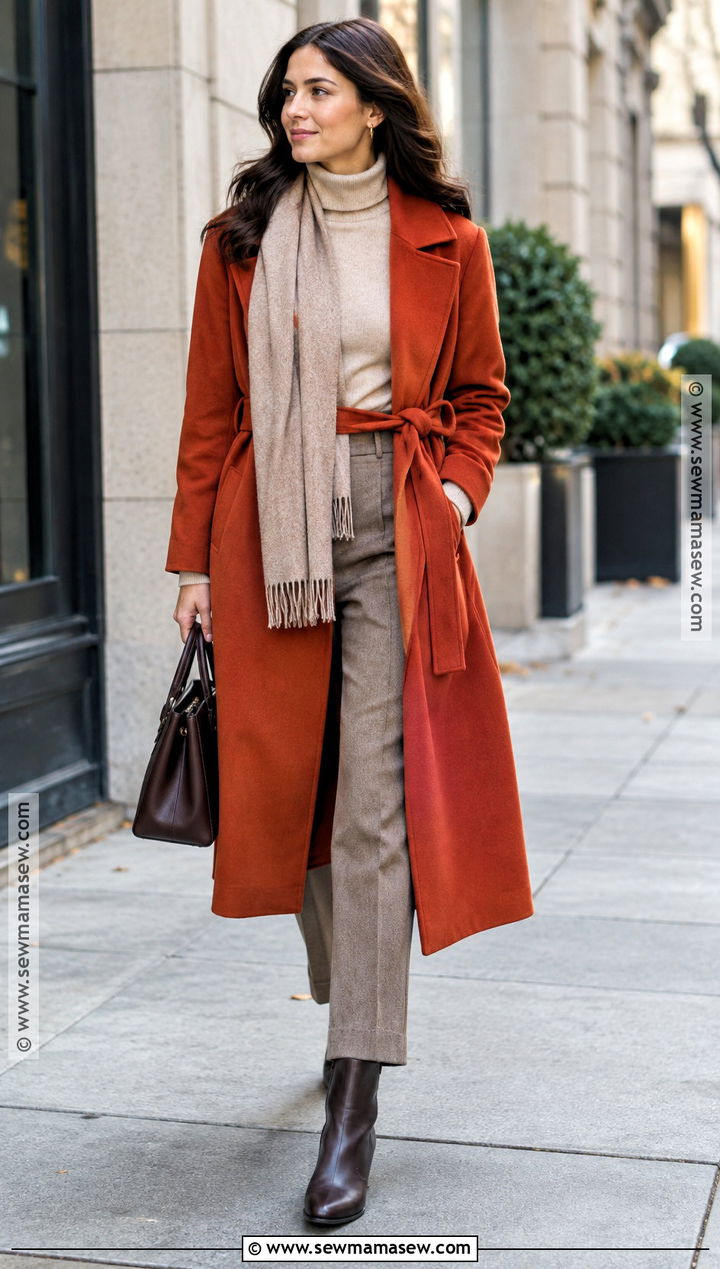 Red Orange Coat And Neutral Knit Outfit - 15 fashion colors fall winter ideas 2026