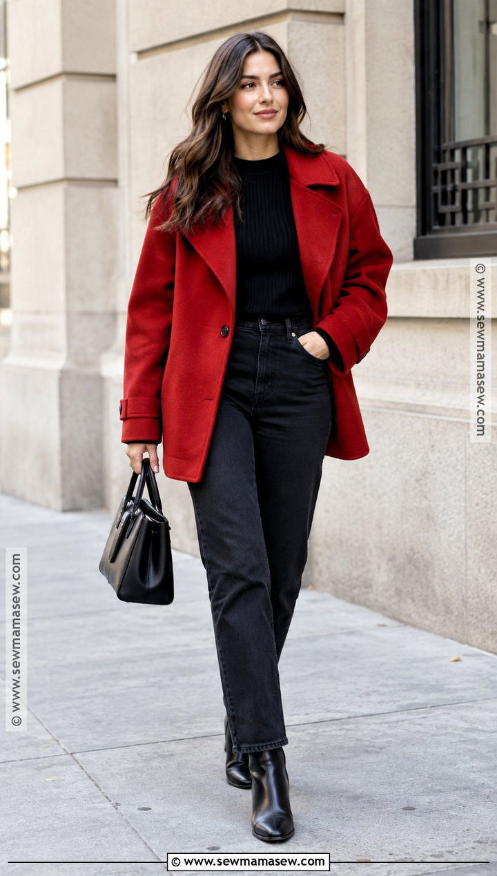 Red Oversized Jacket With A Monochrome Black Outfit - 15 red fall jacket ideas