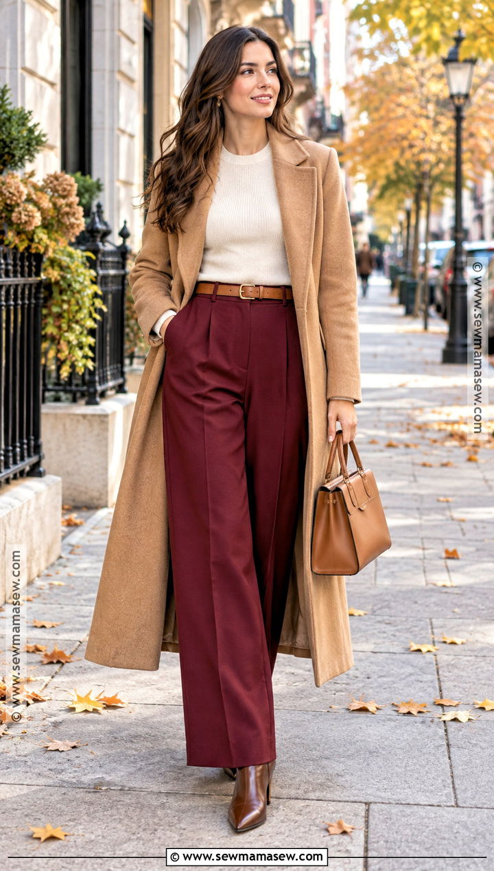 Red Pants And Camel Coat Outfit - 15 autumn red outfit ideas