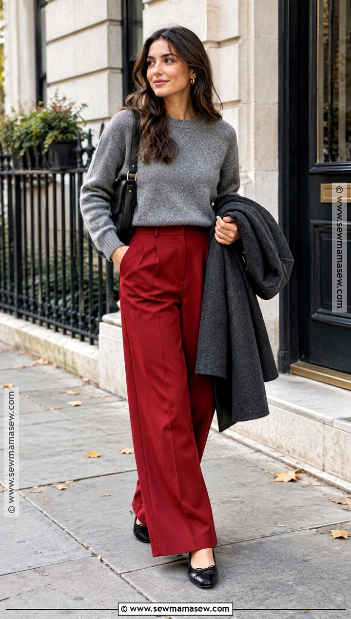 Red Pants With Neutral Sweater and Black Flats - 25 Autumn Outfits Pants