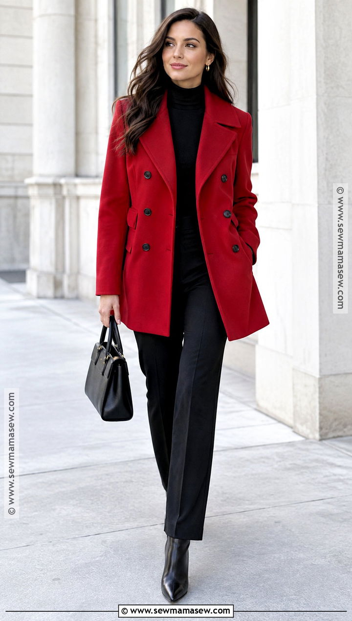 Red Pea Coat With An All Black Outfit - 15 fall pea coat outfit ideas