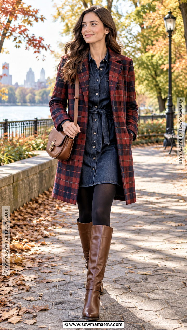 Red Plaid Coat With Denim Dress And Riding Boots - 15 autumn outfit with plaid coat and boots