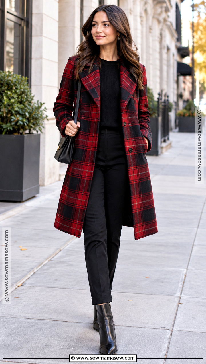 Red Plaid Coat With an All Black Outfit - 15 plaid fall coat ideas