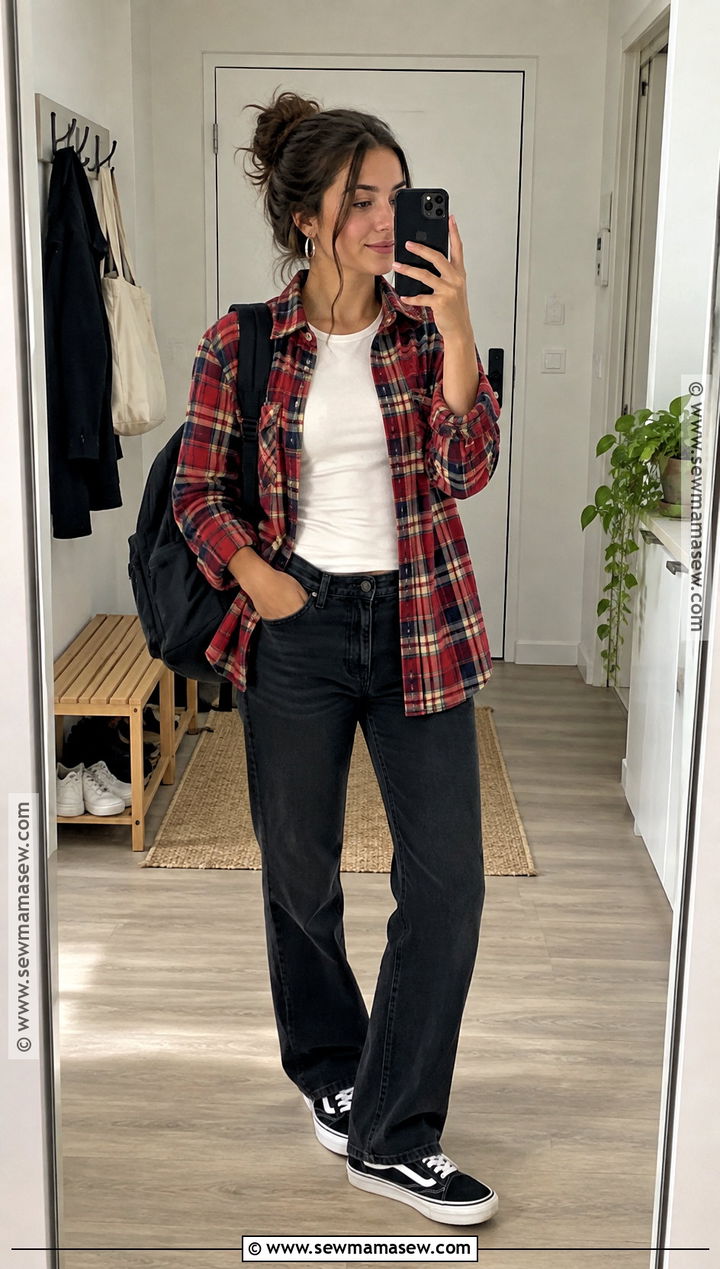 Red Plaid Overshirt And Black Jeans Outfit - 20 red back to school outfits