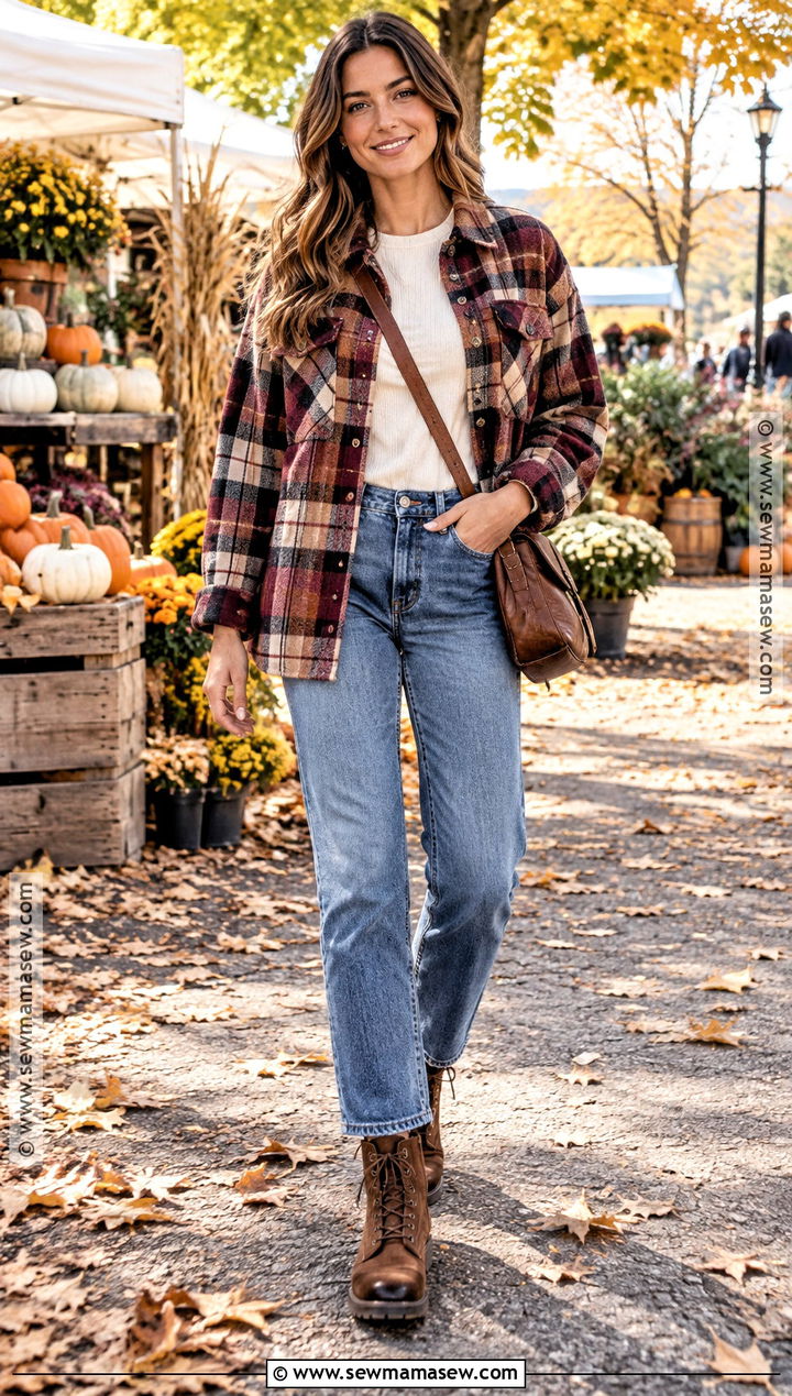 Red Plaid Shacket And Blue Jeans Autumn Outfit - 20 red autumn outfits
