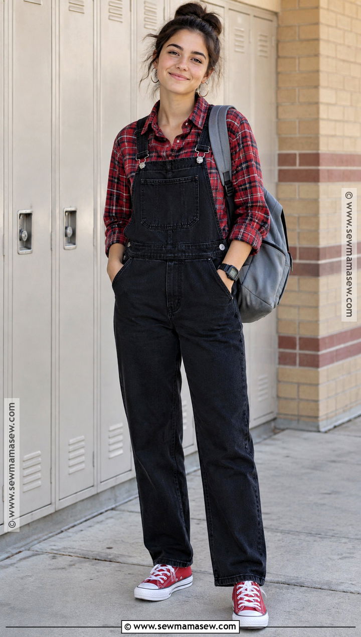 Red Plaid Shirt And Black Overalls Back To School Outfit - 15 Colorful Back To School Outfits