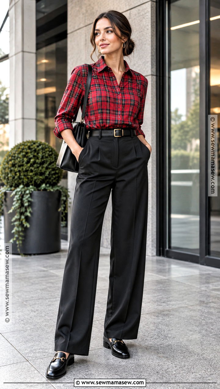 Red Plaid Shirt With Black Wide Leg Pants - 20 red plaid shirt outfit fall ideas