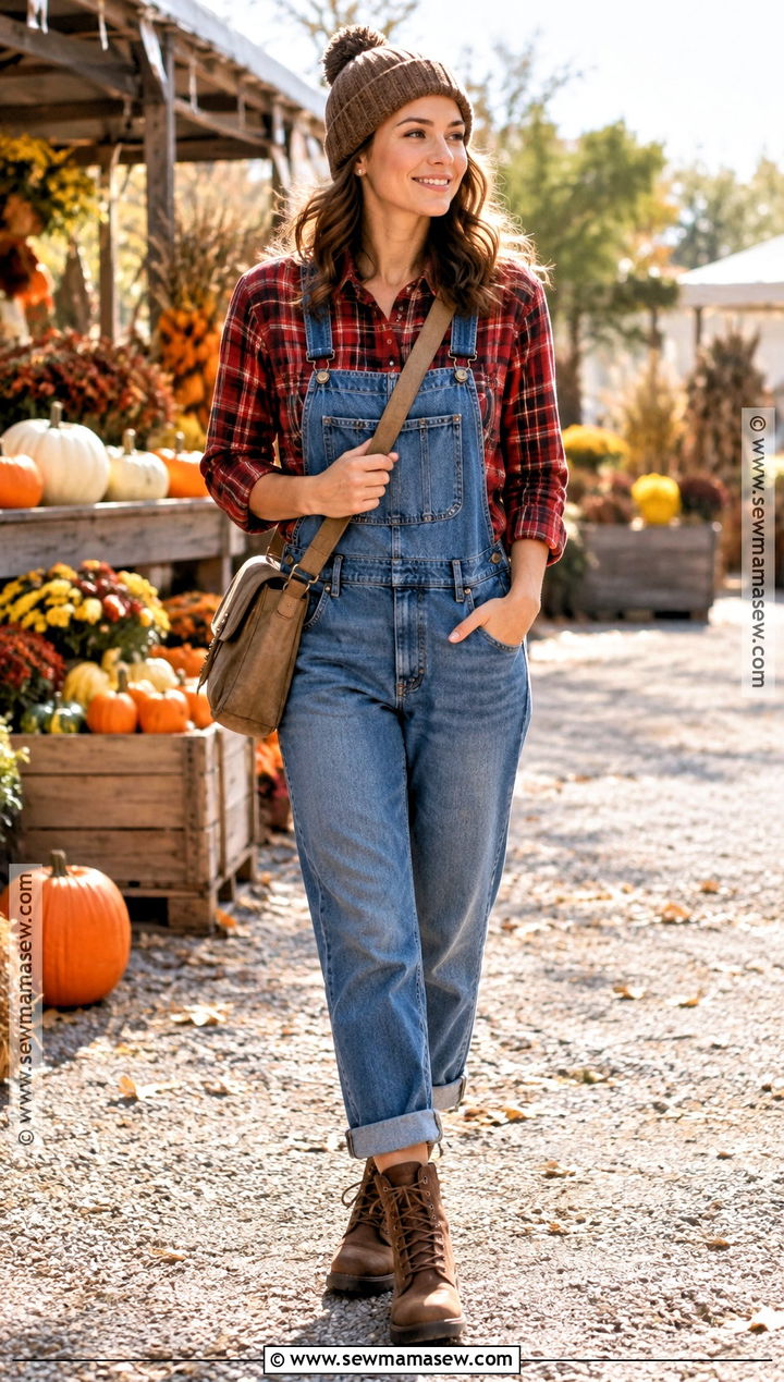 Red Plaid Shirt With Denim Overalls - 20 red plaid shirt outfit fall ideas