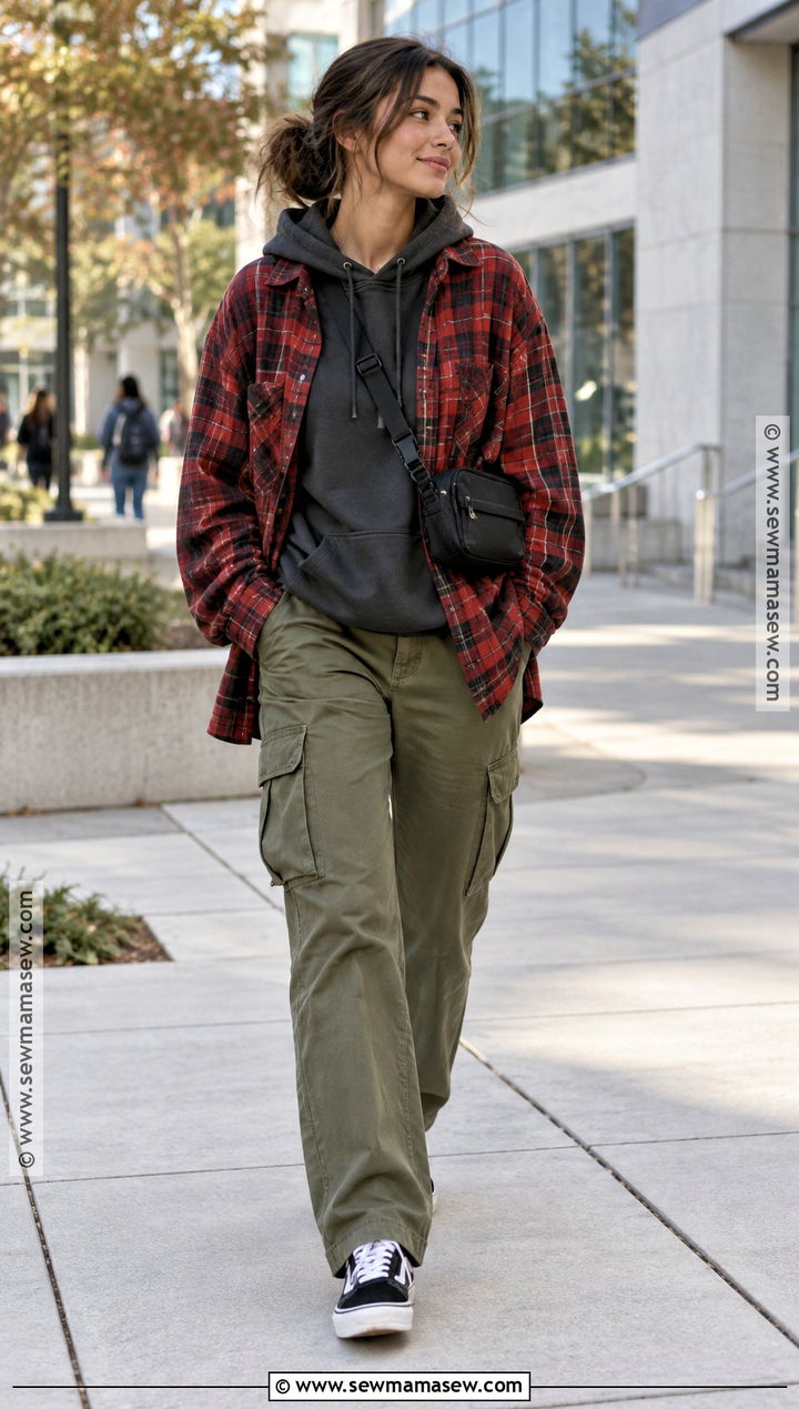 Red Plaid Shirt With Hoodie And Cargo Pants - 20 red plaid shirt outfit fall ideas