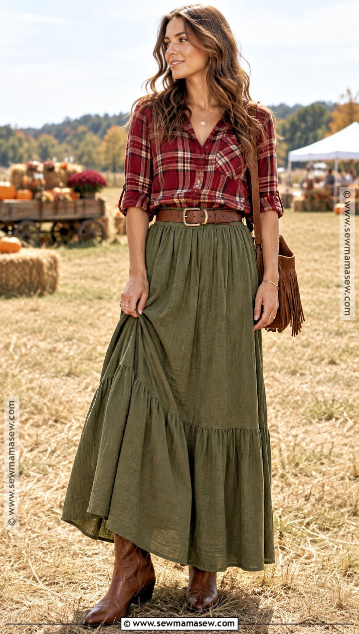Red Plaid Shirt With Maxi Skirt And Western Boots - 20 red plaid shirt outfit fall ideas