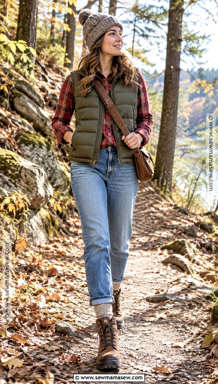Red Plaid Shirt With Puffer Vest And Jeans - 20 red plaid shirt outfit fall ideas