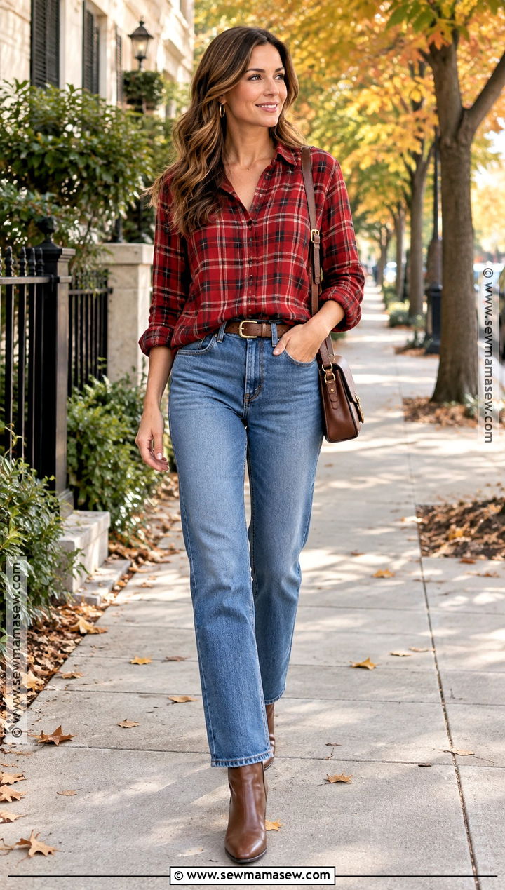 Red Plaid Shirt With Straight Leg Jeans - 20 red plaid shirt outfit fall ideas