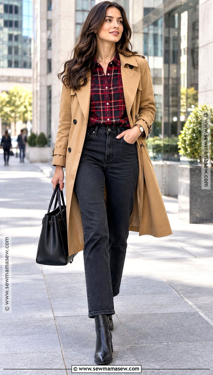 Red Plaid Shirt With Trench Coat And Black Jeans - 20 red plaid shirt outfit fall ideas