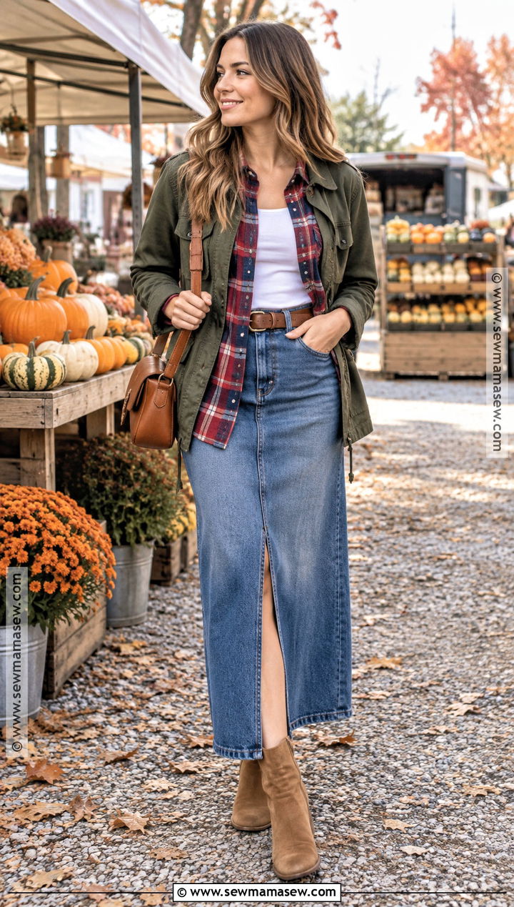Red Plaid Shirt and Denim Skirt Fall Outfit - 15 red fall outfits aesthetic